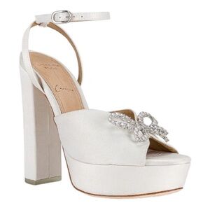 NEW Black Suede Studio Ivory Satin Heels Caroline Platform Crystals Cream 38.5